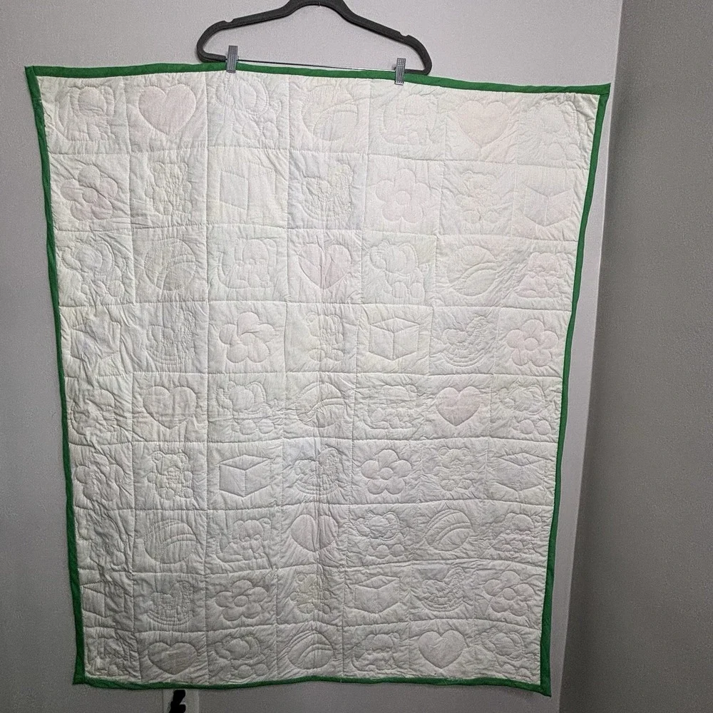 Vintage Pastel Hand Quilted Baby Blanket Blocks Animals Toys Flowers 53